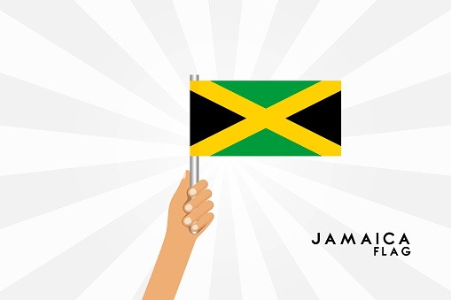 Vector cartoon illustration of human hands hold Jamaica flag. Isolated object on white background.