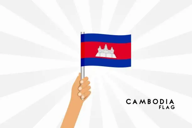 Vector illustration of Vector cartoon illustration of human hands hold Cambodia flag. Isolated object on white background.