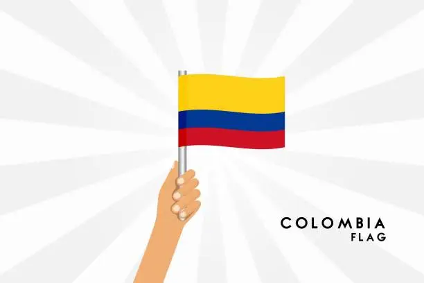 Vector illustration of Vector cartoon illustration of human hands hold Colombian flag. Isolated object on white background.