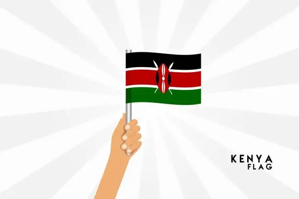 Vector illustration of Vector cartoon illustration of human hands hold Kenya flag. Isolated object on white background.