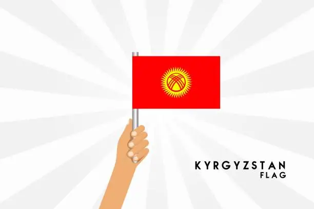 Vector illustration of Vector cartoon illustration of human hands hold Kyrgyzstan flag. Isolated object on white background.