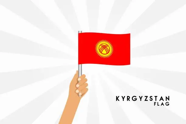 Vector illustration of Vector cartoon illustration of human hands hold Kyrgyzstan flag. Isolated object on white background.