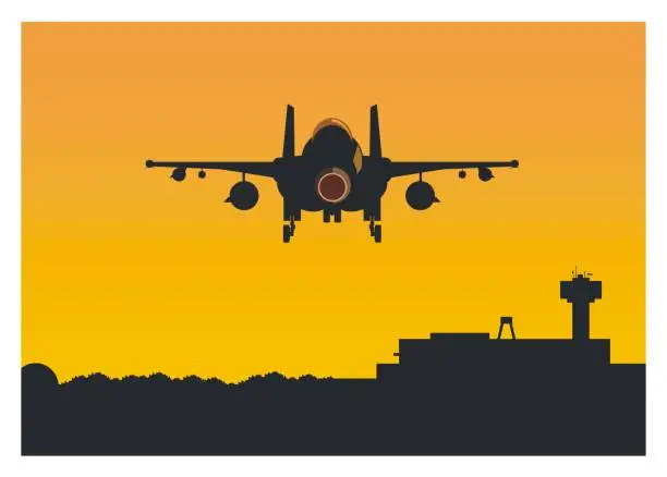 Vector illustration of rear view of a fighter jet plane when it's leaving an air base