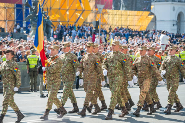 KIEV, UKRAINE - AUGUST 24, 2018: Military parade in Kiev, dedicated to the Independence Day of Ukraine, 27th anniversary. Marching NATO military troops from Romania on Khreshchatyk street
