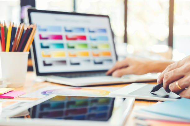 istock Graphic designer Brainstorming drawing on graphics tablet at workplace 1071237968
