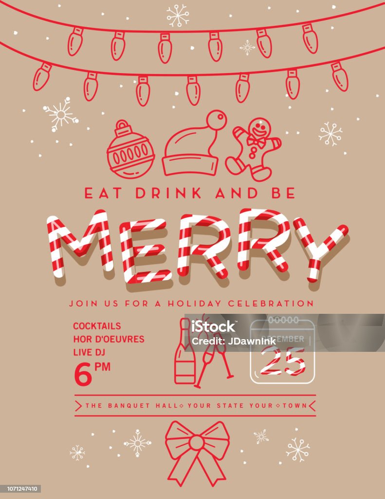 Holiday Christmas Party Invitation Design Template with line art icons - Royalty-free Natal arte vetorial