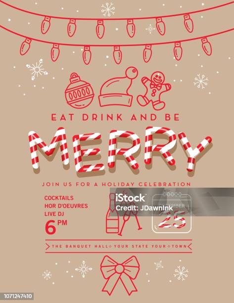 Holiday Christmas Party Invitation Design Template With Line Art Icons - Arte vetorial de stock e mais imagens de Natal