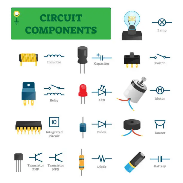 Vector illustration of Circuit components vector illustration. List with isolated electric symbols