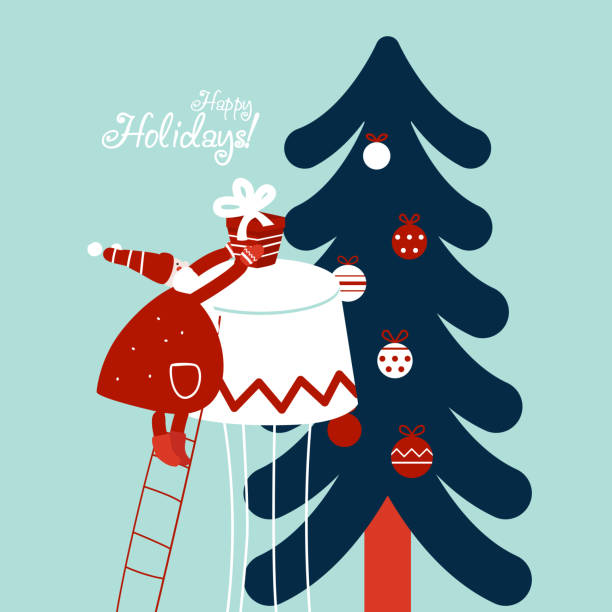 stockillustraties, clipart, cartoons en iconen met grappige kerstman de trap met heden. leuke kerst en nieuwjaar vector illustratie kaart. grappige winter vakantie achtergrond - christmas tree