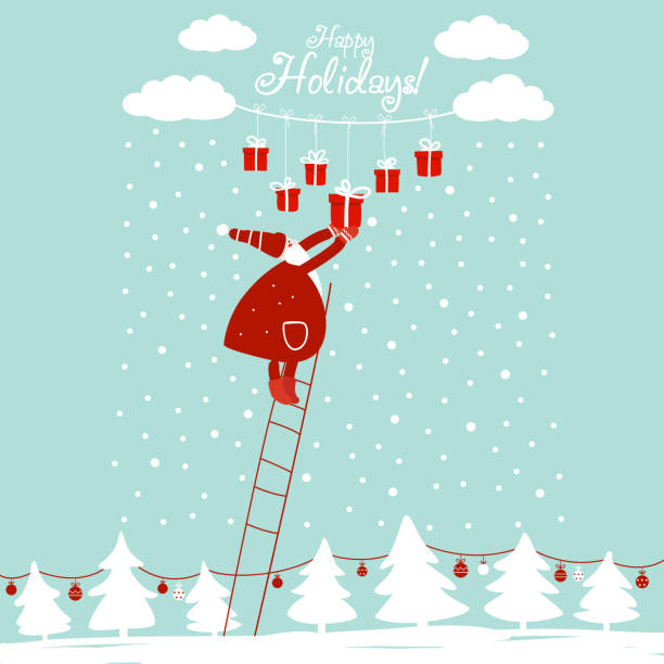 lustige weihnachtsmann die treppe mit präsentiert. süße weihnachten und neujahr vektor illustration karte. lustiger winter urlaub hintergrund - christmas christmas card greeting card greeting stock-grafiken, -clipart, -cartoons und -symbole