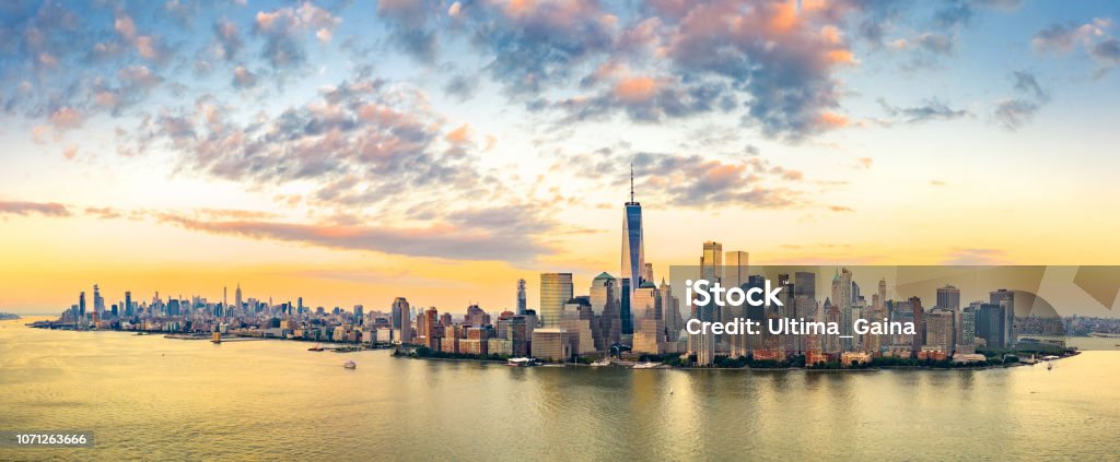 Aerial panorama of New York City skyline at sunset Aerial panorama of New York City skyline at sunset with both midtown and downtown Manhattan New York City Stock Photo