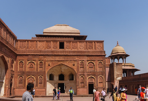 Agra, India - March 11, 2018:  Tourists visiting inside the Agra Fort, Agra, Uttar Pradesh, India, which is the UNESCO World Heritage.
