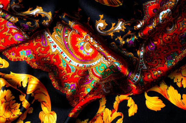 istock Background texture, drawing. Silk fabric. Fabric with bright patterns of yellow and red colors, Indian fabric, silk fabric around the yard, printed silk, printed fabric Sanganery 1071269916