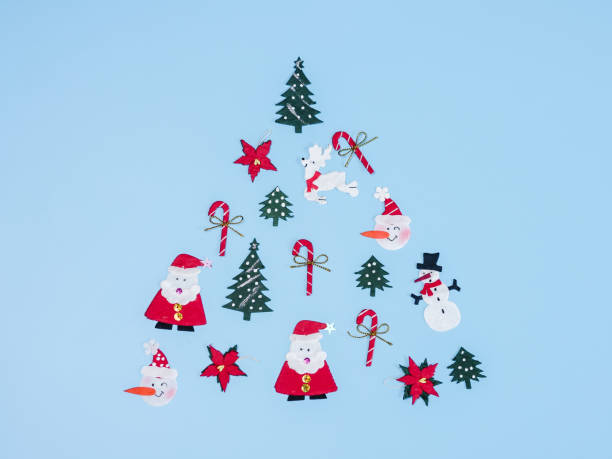 istock Christmas objects laid out in the shape of a Christmas tree, Top view. 1071281966