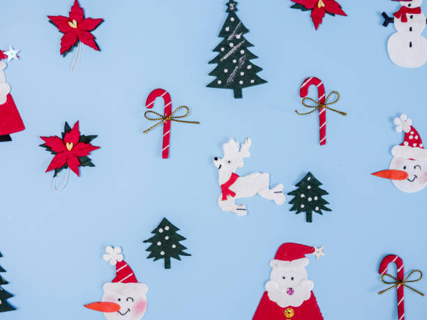 istock Christmas decorating with copy space on blue colour, top view. 1071286194