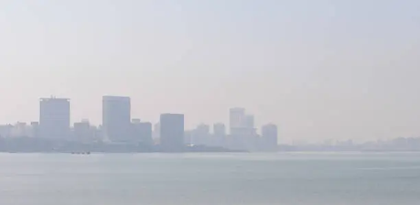 Panoramic View of Mumbai Skyline in Winter Smog showing the Air Pollution.