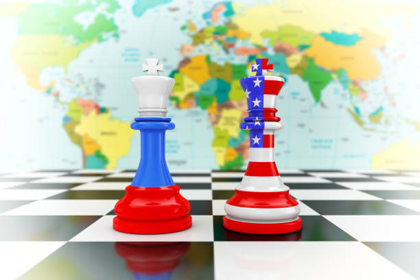 istock US America and Russia Flags on Kings Chess over a Chess Board. 3d Rendering 1071293258