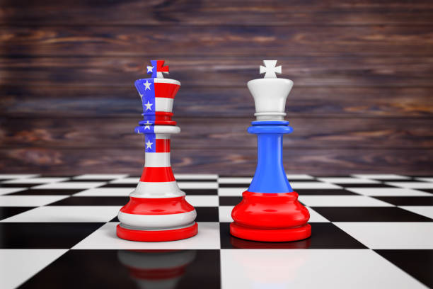 istock US America and Russia Flags on Kings Chess over a Chess Board. 3d Rendering 1071293336