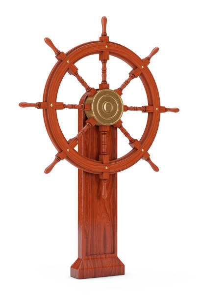 istock Vintage Wooden Ship Steering Wheel with Stand. 3d Rendering 1071293348