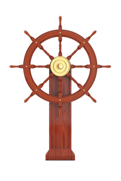 istock Vintage Wooden Ship Steering Wheel with Stand. 3d Rendering 1071293462