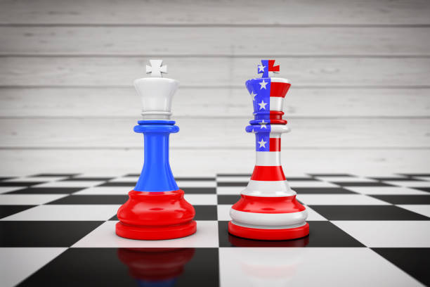 istock US America and Russia Flags on Kings Chess over a Chess Board. 3d Rendering 1071293468