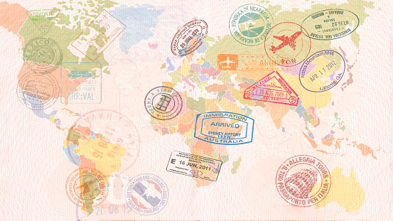 Mapa mundial con los visados, sellos, sellos. Concepto de viaje photo