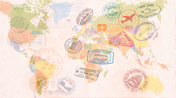 mapa mundial con los visados, sellos, sellos. concepto de viaje - mapa fotos fotografías e imágenes de stock