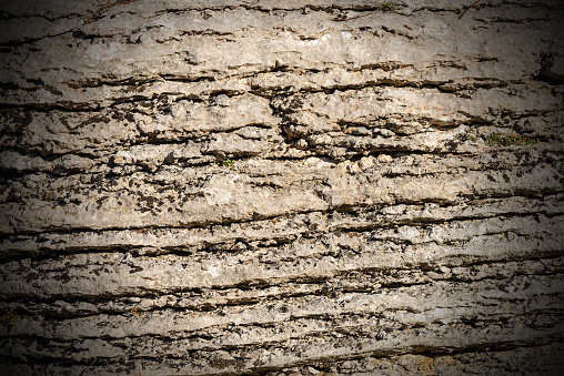 Background of layered rock (limestone) separated by layers of clay. Lessinia stone or Prun stone. Plateau of Lessinia, Verona, Veneto, Italy