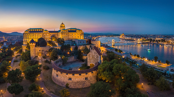 Budapest, Hungary - Aerial panoramic skyline view of Budapest with Szechenyi Chain Bridge and Buda district at blue hour