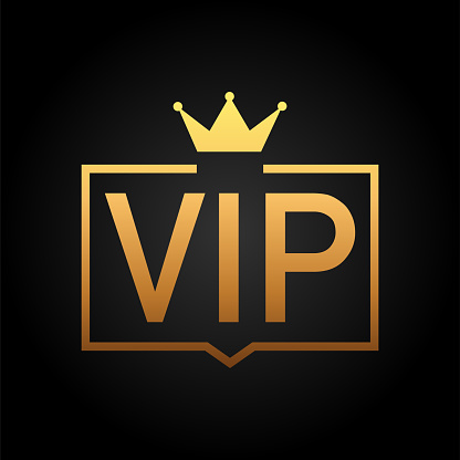 Golden symbol of exclusivity, the label VIP with glitter. Very important person - VIP icon on dark background Sign of exclusivity with bright, Golden glow. Vector stock illustration.