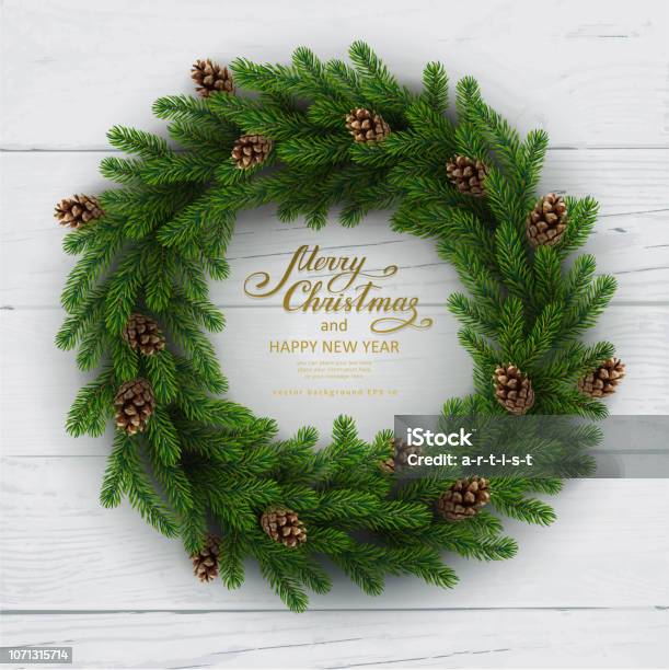 Christmas Background With Fir Tree Stock Illustration - Download Image Now - Wreath, Christmas, Vector