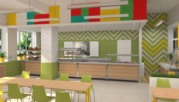 Interior of the school children's canteen. 3D visualization of dining room for schoolchildren. brick cafe stock pictures, royalty-free photos & images