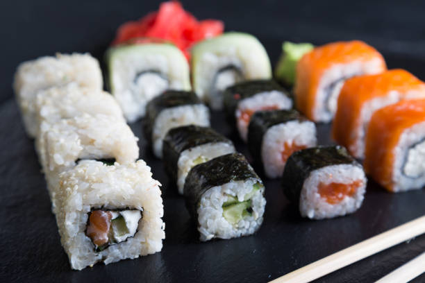 istock A variety of sushi and rolls on a dark background 1071325466