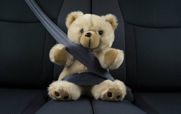 istock Teddy bear sitting in a car fastened with a seat belt 1071332820