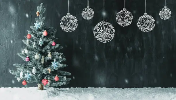 Christmas Tree Ball Sketch With Merry Christmas In Different Languages. Colorful Decorated Christmas Tree With Snow And Snowflakes And Copy Space