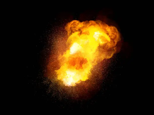 Photo of Fiery bomb explosion, orange color with sparks and smoke isolated on black background