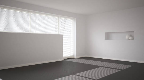 istock Empty room background with herringbone parquet and big window with venetian blind, white and gray modern architecture interior design 1071336310