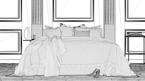 Interior design project, black and white ink sketch, architecture blueprint showing classic bedroom with wooden wall and double soft bed