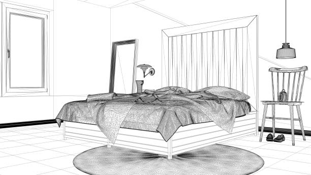 istock Interior design project, black and white ink sketch, architecture blueprint showing modern bedroom, bed with wooden headboard, minimalist architecture interior design 1071336404