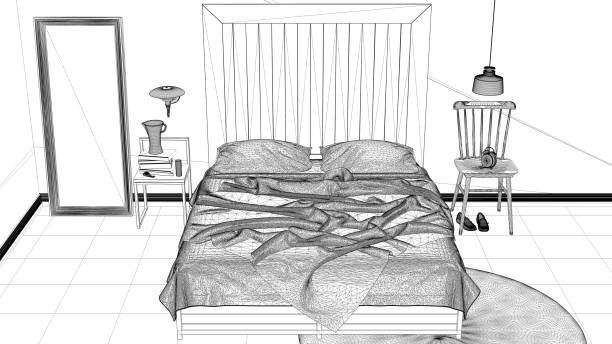 istock Interior design project, black and white ink sketch, architecture blueprint showing modern bedroom, bed with wooden headboard, minimalist architecture interior design, top view 1071336428
