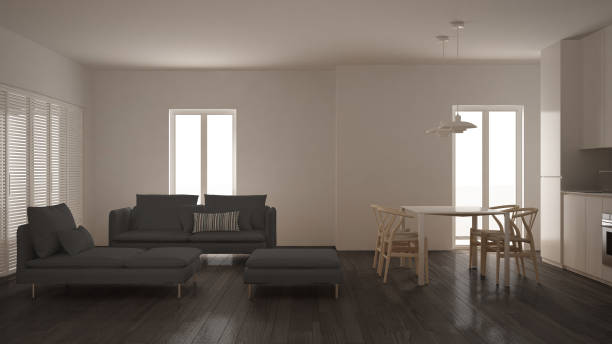 istock Modern clean living room with kitchen and dining table, sofa, pouf and chaise longue, minimal white and gray interior design 1071337556
