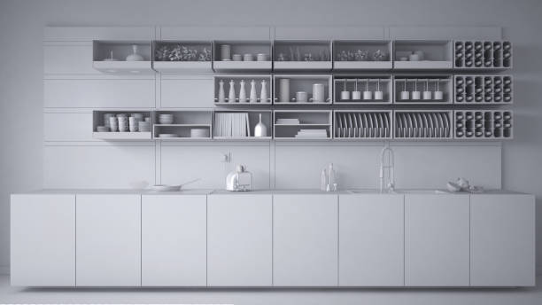 istock Total white project of minimalistic kitchen close-up, modern architecture interior design 1071338436