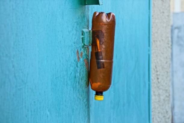 istock padlock closed brown plastic bottle hanging on the iron green gate 1071339046