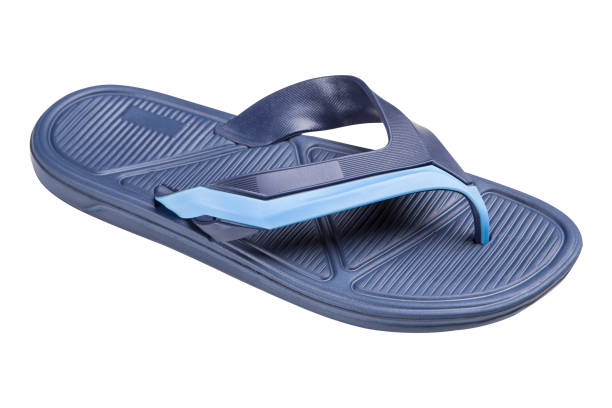 istock one blue rubber slipper for a beach or shower, side view, on a white background, isolate 1071341438