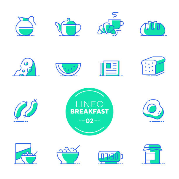 ilustrações, clipart, desenhos animados e ícones de lineo white - café da manhã e manhã linha ícones (curso editável) - coffee pot audio