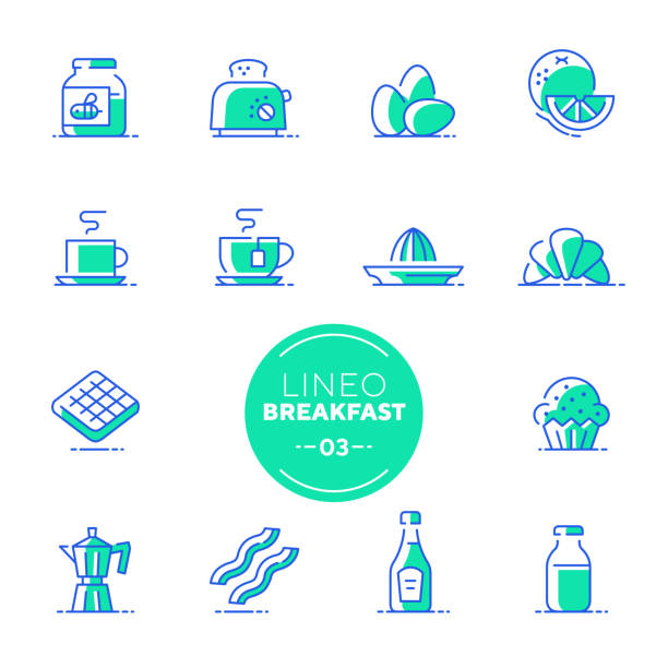 lineo lime - иконки линии завтрака и утра (редактируемый ход) - bread waffle bacon toast stock illustrations