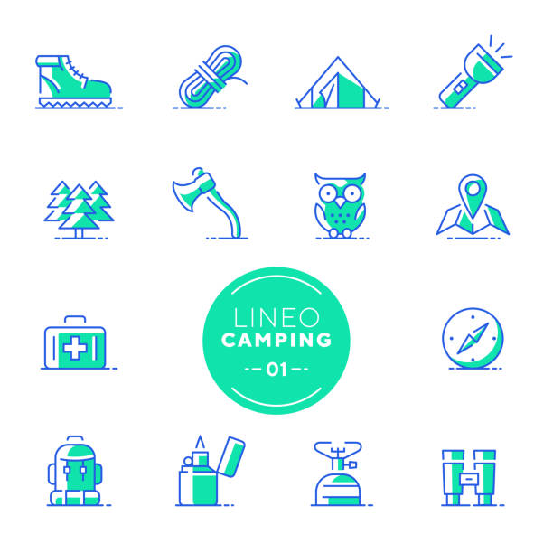 ilustrações de stock, clip art, desenhos animados e ícones de lineo lime - camping and outdoor line icons (editable stroke) - compass hiking map hiking boot