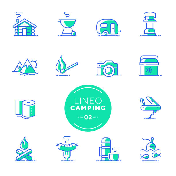 ilustrações, clipart, desenhos animados e ícones de lineo cal - camping e ao ar livre ícones de linha (traçado editável) - mochileiro