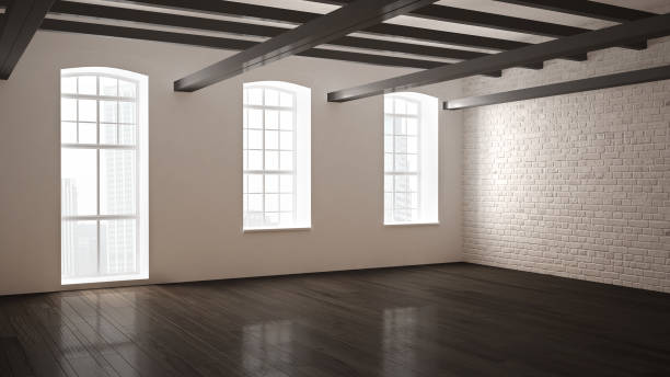 istock Empty classic industrial space, open room with wooden floor and big windows, modern interior design 1071344304