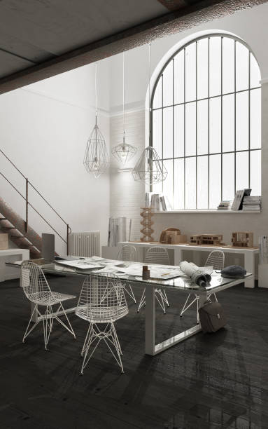 istock Industrial office with big window, open space, loft interior design, modern minimalist architecture 1071345572